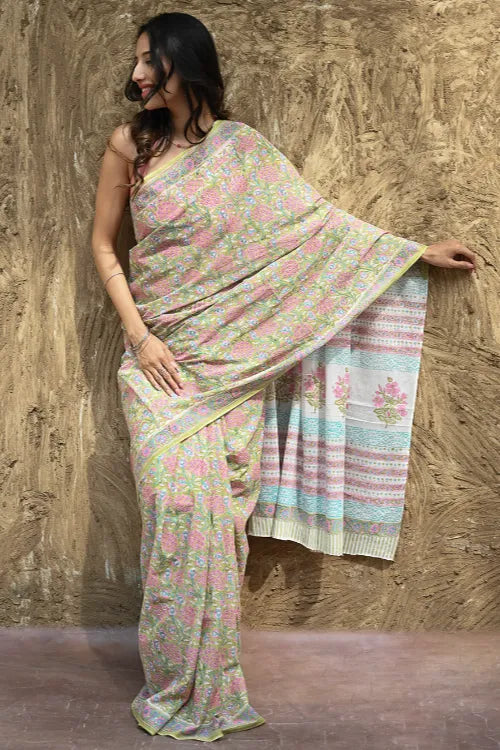 Sanganer Summers : Hand Block Printed Cotton Saree - Sweet Alyssum