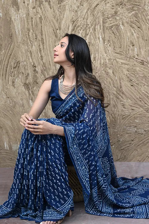 The ICH Dabu Vibes : Hand Block Printed Georgette Saree - Neel Bel