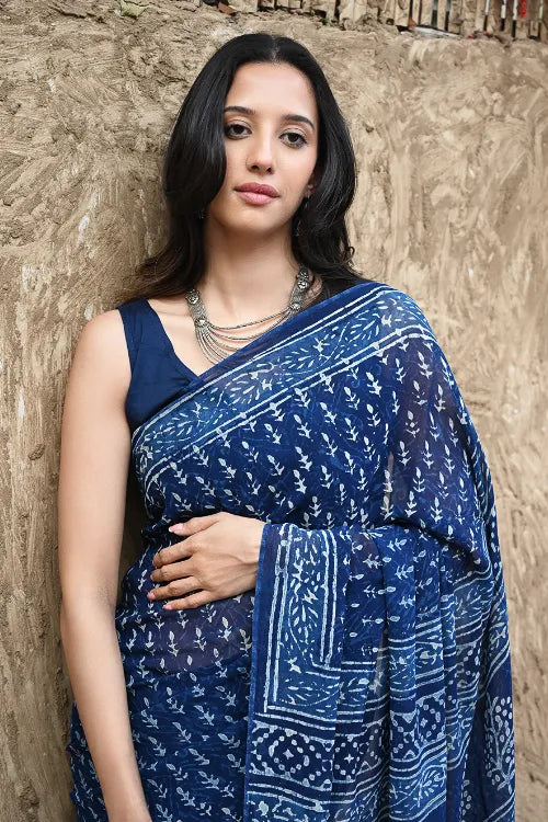 The ICH Dabu Vibes : Hand Block Printed Georgette Saree - Neel Bel