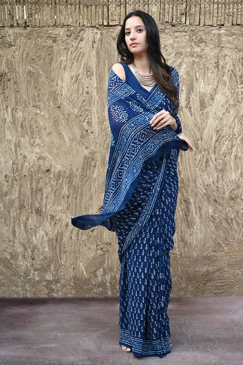 The ICH Dabu Vibes : Hand Block Printed Georgette Saree - Neel Bel