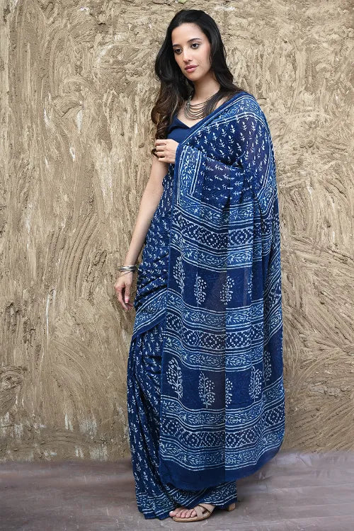 The ICH Dabu Vibes : Hand Block Printed Georgette Saree - Neel Bel