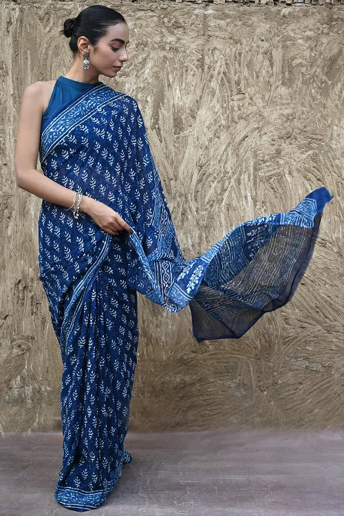 The ICH Dabu Vibes : Hand Block Printed Georgette Saree - Neele Gagan