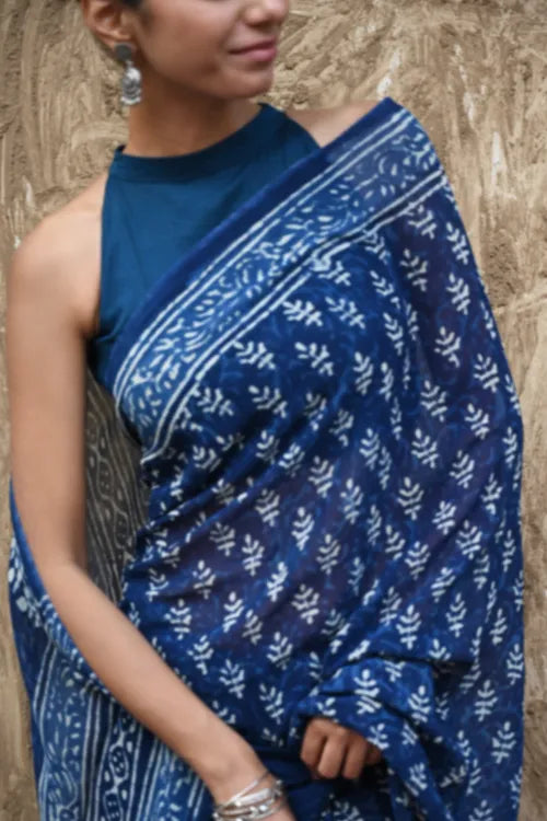 The ICH Dabu Vibes : Hand Block Printed Georgette Saree - Neele Gagan