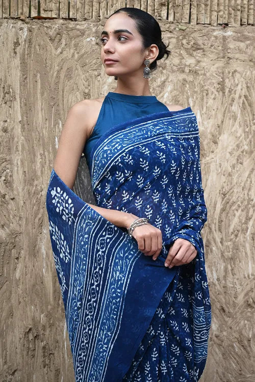 The ICH Dabu Vibes : Hand Block Printed Georgette Saree - Neele Gagan