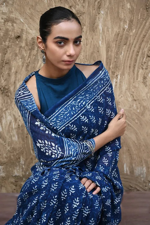 The ICH Dabu Vibes : Hand Block Printed Georgette Saree - Neele Gagan