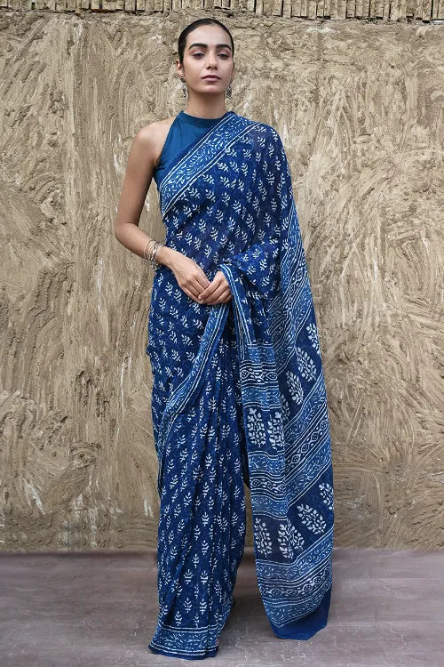 The ICH Dabu Vibes : Hand Block Printed Georgette Saree - Neele Gagan