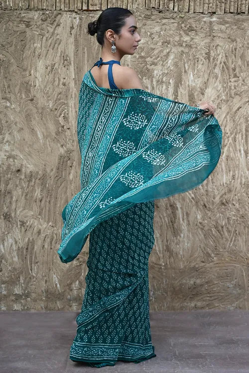 The ICH Dabu Vibes : Hand Block Printed Georgette Saree - Samudri