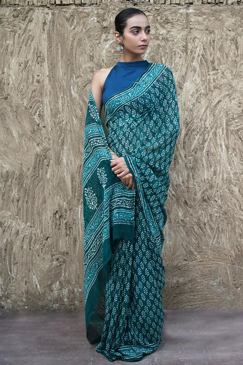The ICH Dabu Vibes : Hand Block Printed Georgette Saree - Samudri
