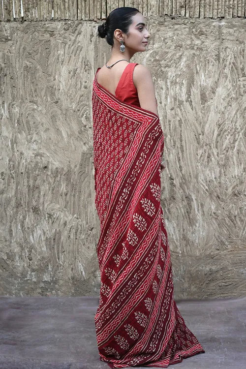 The ICH Dabu Vibes : Hand Block Printed Georgette Saree - Surkh Angoori