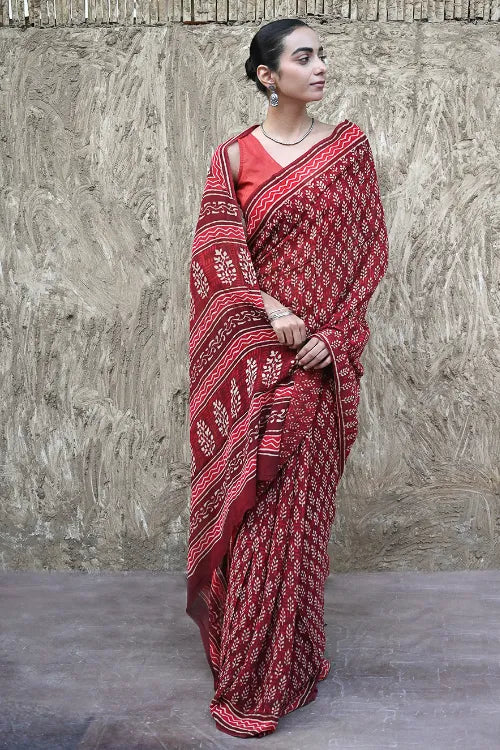 The ICH Dabu Vibes : Hand Block Printed Georgette Saree - Surkh Angoori