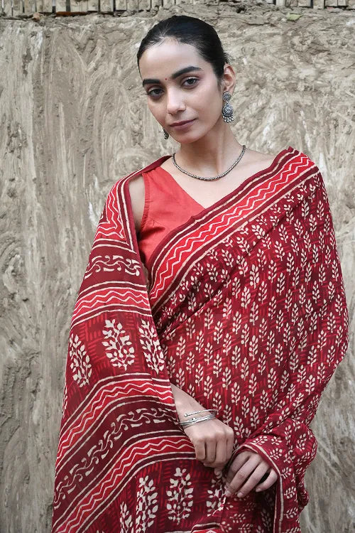 The ICH Dabu Vibes : Hand Block Printed Georgette Saree - Surkh Angoori