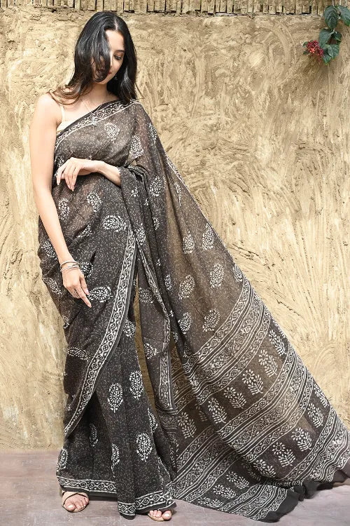 Dabu Vibes : Hand Block Printed Georgette Saree - Smoke And Charcoal