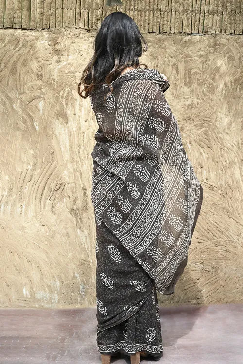 Dabu Vibes : Hand Block Printed Georgette Saree - Smoke And Charcoal