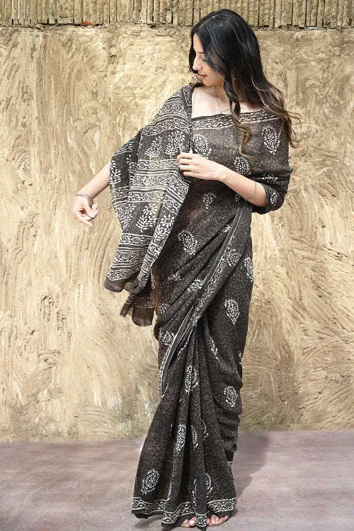 Dabu Vibes : Hand Block Printed Georgette Saree - Smoke And Charcoal