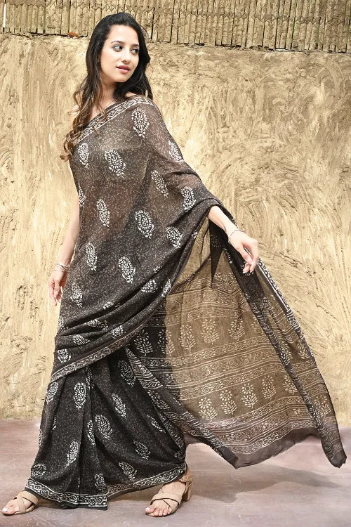 Dabu Vibes : Hand Block Printed Georgette Saree - Smoke And Charcoal