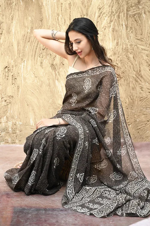Dabu Vibes : Hand Block Printed Georgette Saree - Smoke And Charcoal