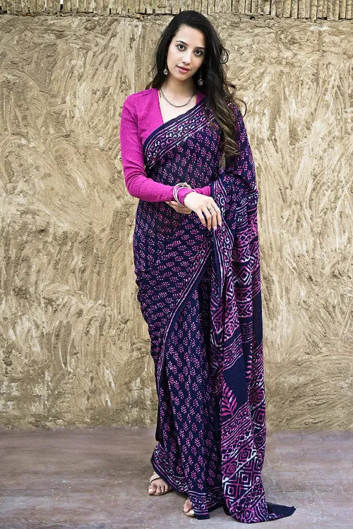 Dabu Vibes : Hand Block Printed Georgette Saree - Jaamuni Picnic