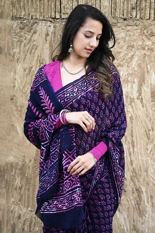 Dabu Vibes : Hand Block Printed Georgette Saree - Jaamuni Picnic