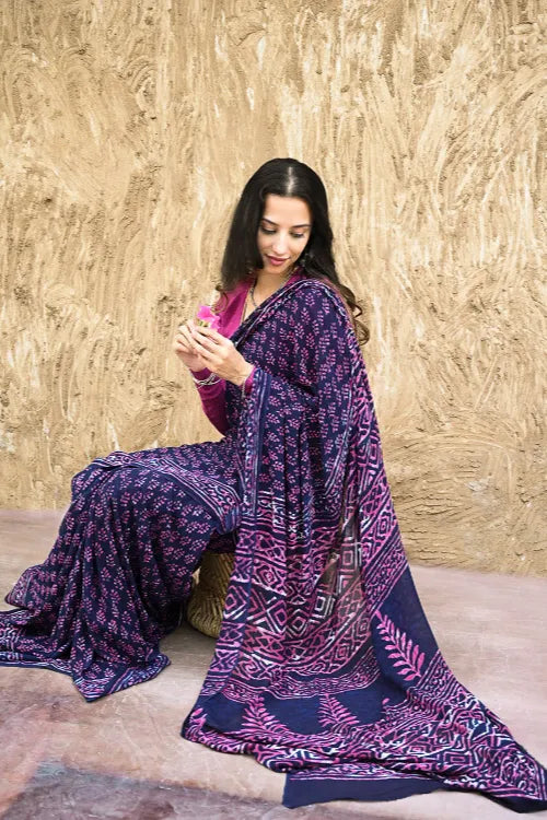Dabu Vibes : Hand Block Printed Georgette Saree - Jaamuni Picnic