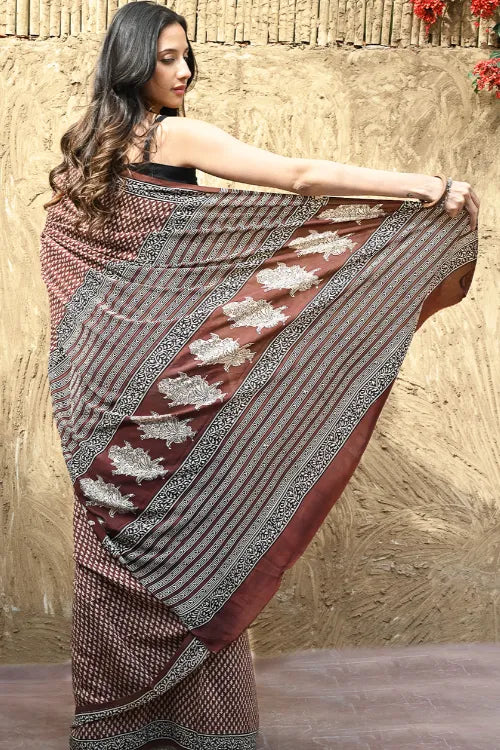 The ICH Bagru Statements : Hand Block Printed Modal Silk Saree - Maru Kasturi