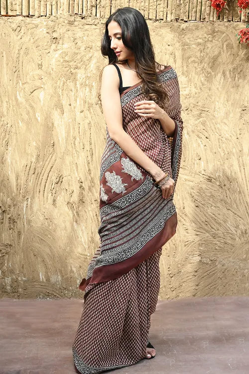 The ICH Bagru Statements : Hand Block Printed Modal Silk Saree - Maru Kasturi