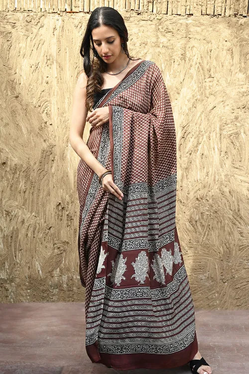 The ICH Bagru Statements : Hand Block Printed Modal Silk Saree - Maru Kasturi