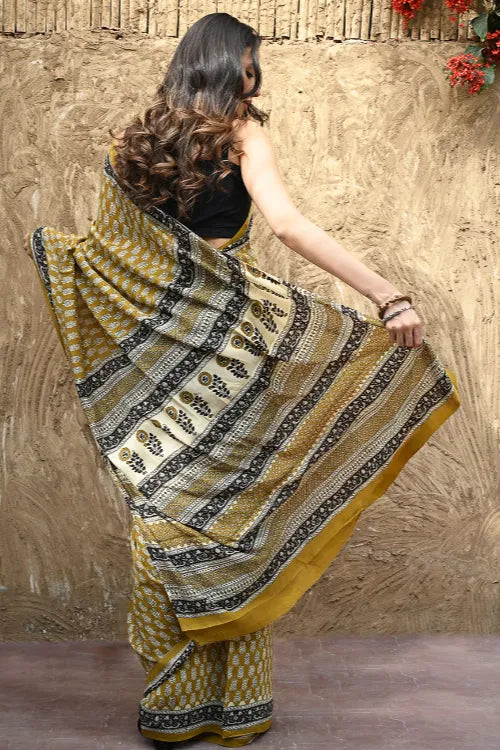 The ICH Bagru Statements : Hand Block Printed Modal Silk Saree - Peeli Dhara
