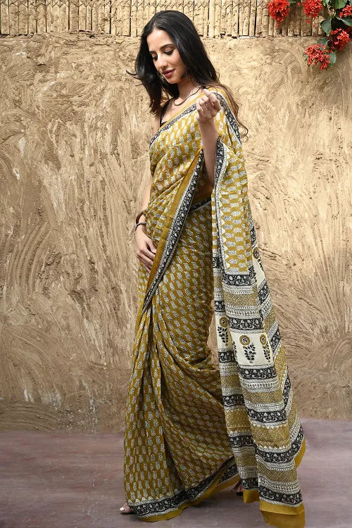 The ICH Bagru Statements : Hand Block Printed Modal Silk Saree - Peeli Dhara