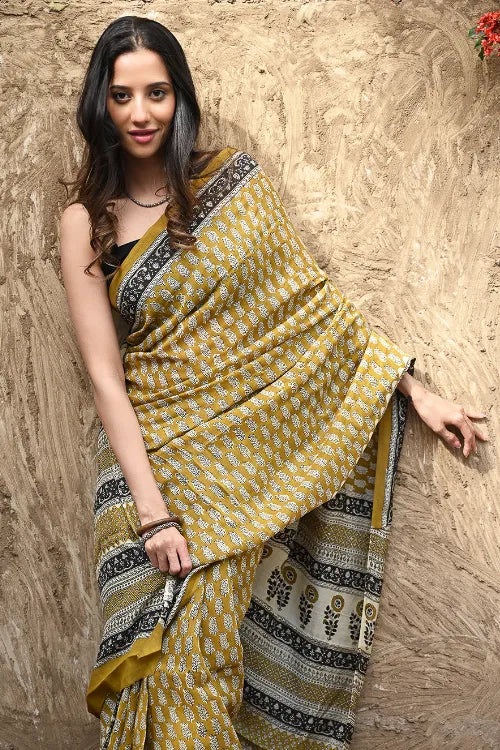 The ICH Bagru Statements : Hand Block Printed Modal Silk Saree - Peeli Dhara