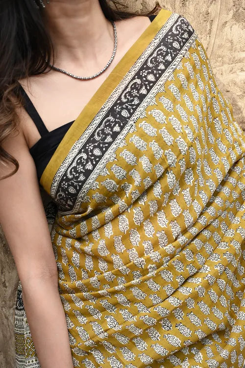 The ICH Bagru Statements : Hand Block Printed Modal Silk Saree - Peeli Dhara