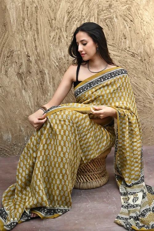 The ICH Bagru Statements : Hand Block Printed Modal Silk Saree - Peeli Dhara