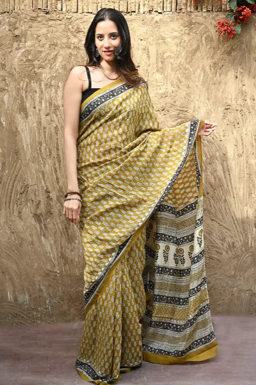 The ICH Bagru Statements : Hand Block Printed Modal Silk Saree - Peeli Dhara