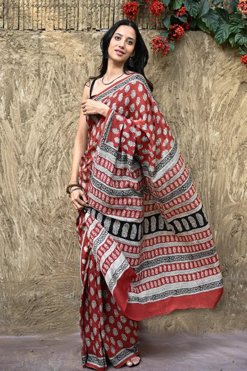 The ICH Bagru Statements : Hand Block Printed Modal Silk Saree - Surkh Bela