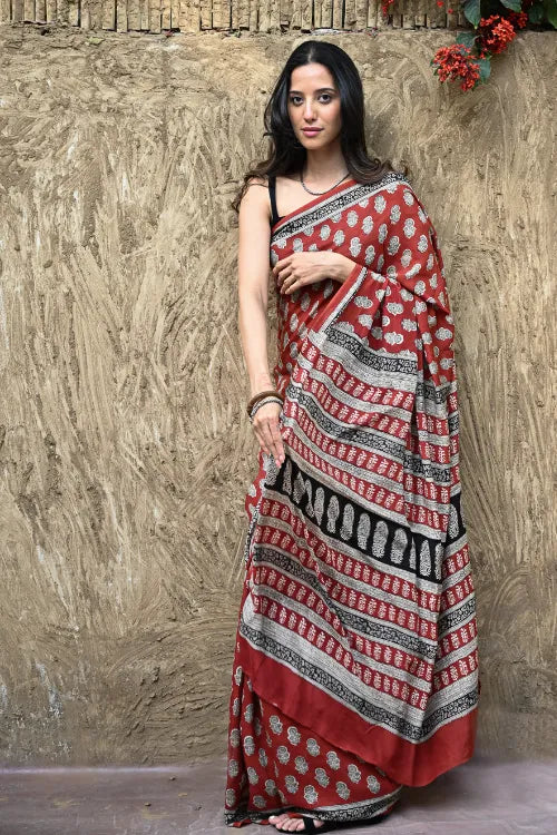 The ICH Bagru Statements : Hand Block Printed Modal Silk Saree - Surkh Bela