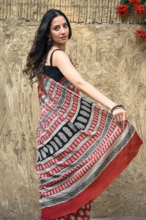The ICH Bagru Statements : Hand Block Printed Modal Silk Saree - Surkh Bela
