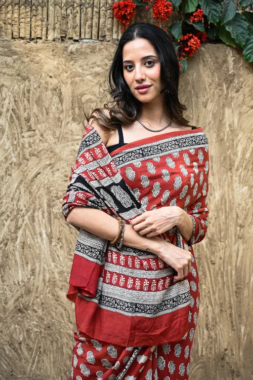 The ICH Bagru Statements : Hand Block Printed Modal Silk Saree - Surkh Bela