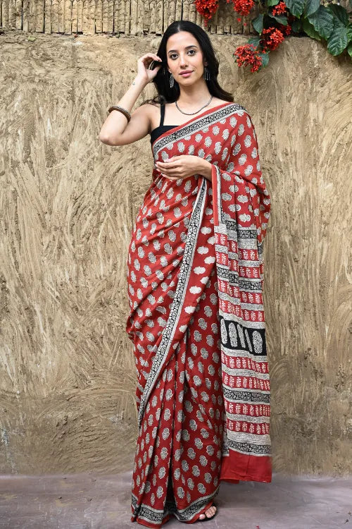 The ICH Bagru Statements : Hand Block Printed Modal Silk Saree - Surkh Bela