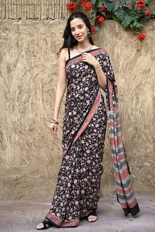 The ICH Bagru Statements : Hand Block Printed Modal Silk Saree - Raatrani