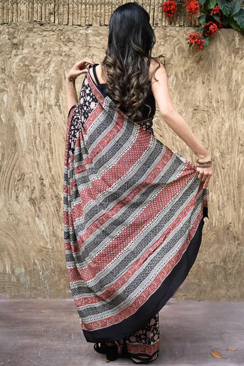 The ICH Bagru Statements : Hand Block Printed Modal Silk Saree - Raatrani
