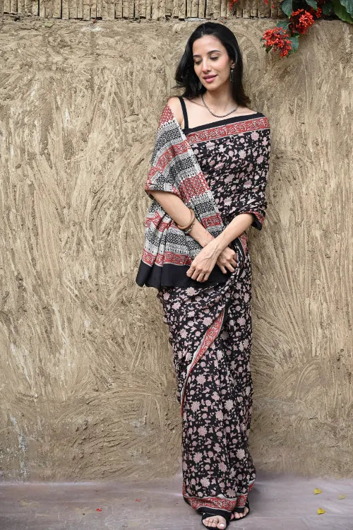 The ICH Bagru Statements : Hand Block Printed Modal Silk Saree - Raatrani