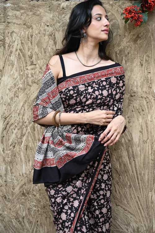 The ICH Bagru Statements : Hand Block Printed Modal Silk Saree - Raatrani