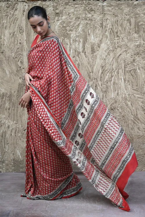 The ICH Bagru Statements : Hand Block Printed Modal Silk Saree - Lal Buti