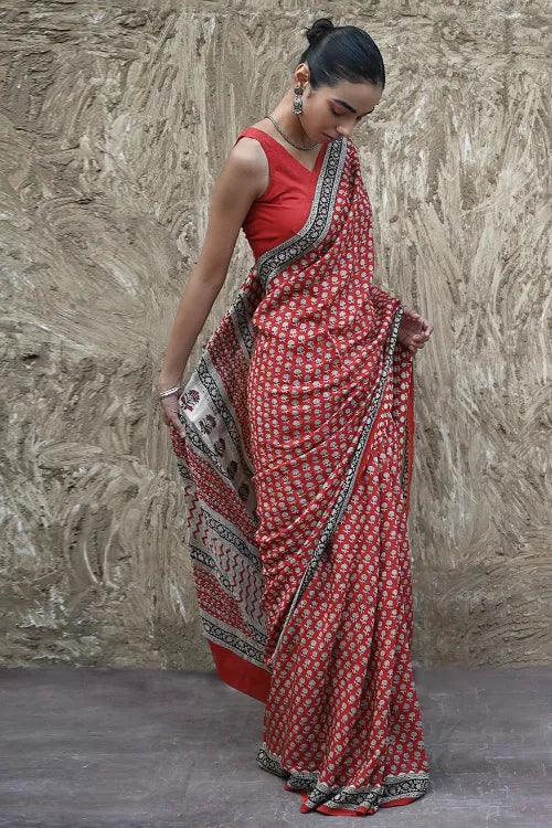 The ICH Bagru Statements : Hand Block Printed Modal Silk Saree - Lal Buti