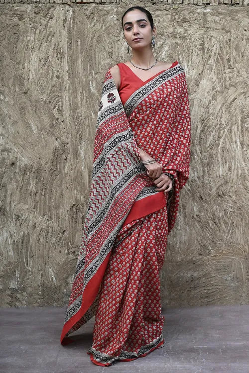 The ICH Bagru Statements : Hand Block Printed Modal Silk Saree - Lal Buti