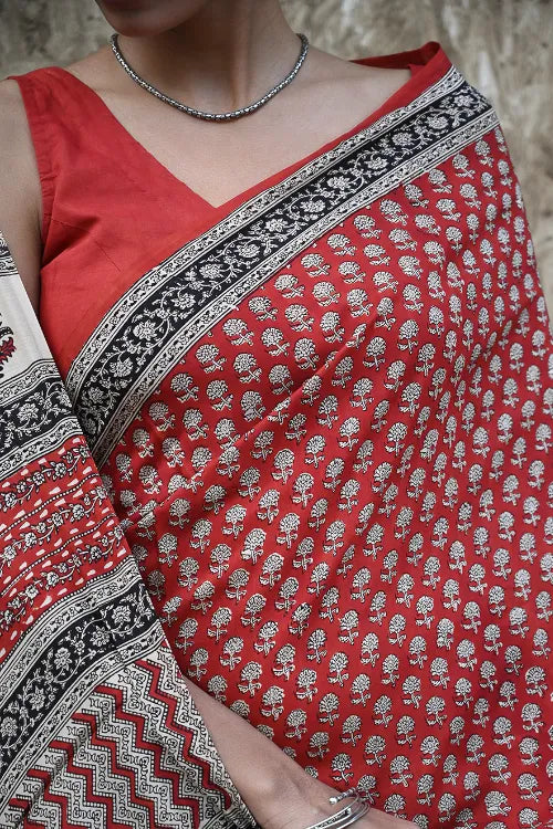 The ICH Bagru Statements : Hand Block Printed Modal Silk Saree - Lal Buti