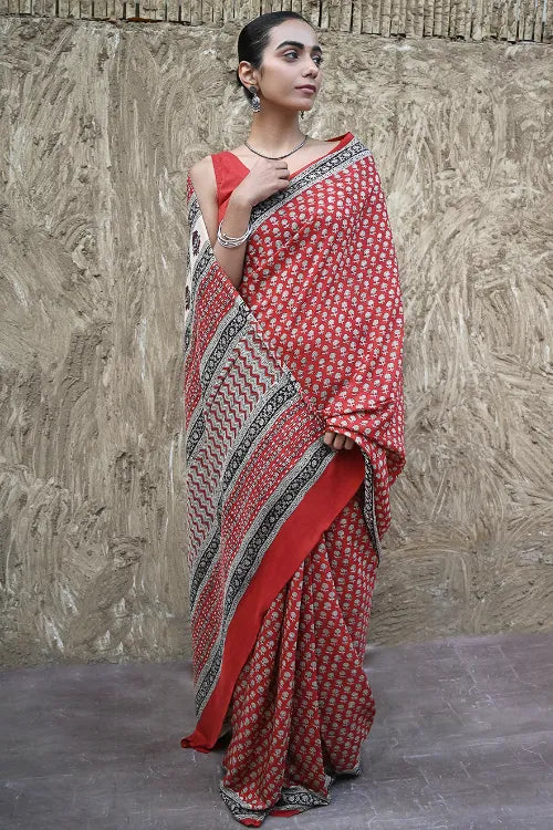 The ICH Bagru Statements : Hand Block Printed Modal Silk Saree - Lal Buti