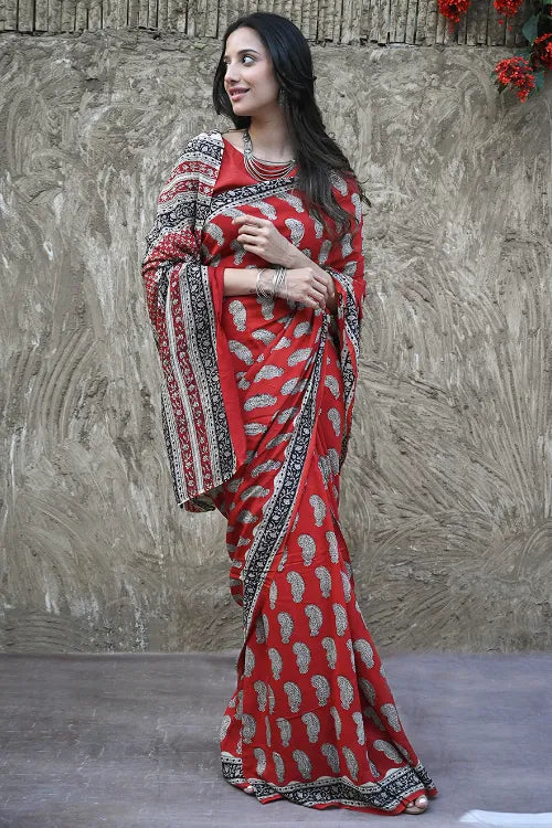 The ICH Bagru Statements : Hand Block Printed Modal Silk Saree - Geru Amiya
