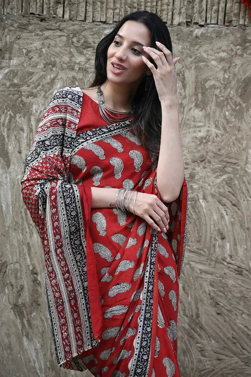 The ICH Bagru Statements : Hand Block Printed Modal Silk Saree - Geru Amiya