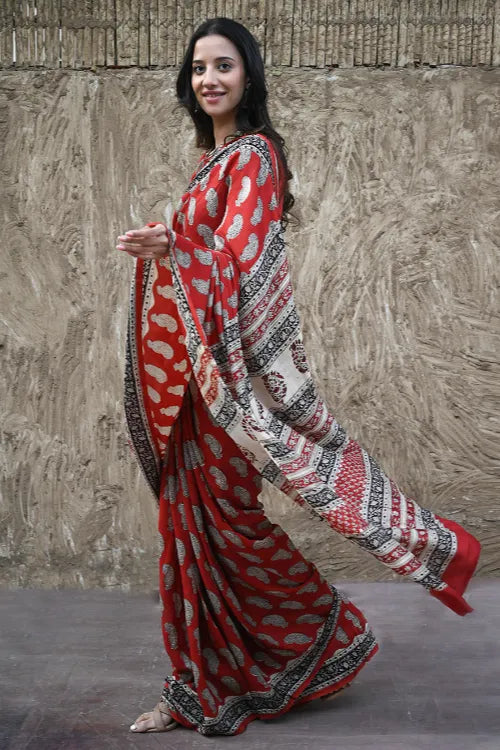 The ICH Bagru Statements : Hand Block Printed Modal Silk Saree - Geru Amiya