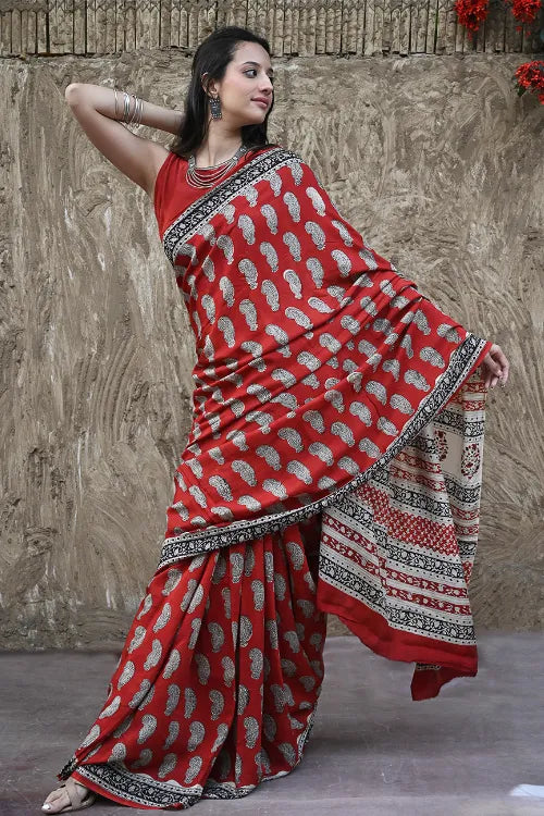 The ICH Bagru Statements : Hand Block Printed Modal Silk Saree - Geru Amiya